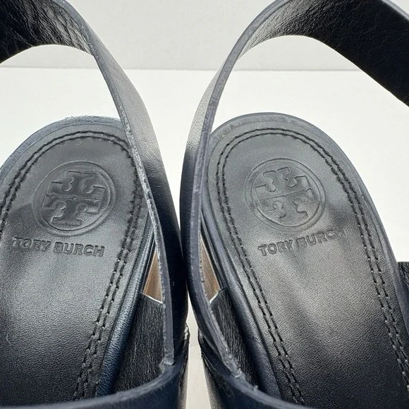 Tory Burch Solana Platform Sandals‎ Women's Size 5.5 Navy Blue Leather Strap - Picture 14 of 16